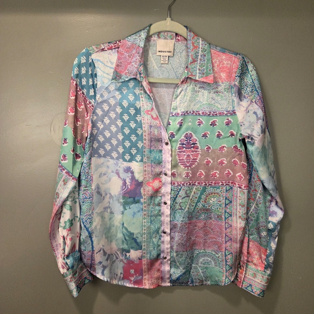 Industry Republic Clothing Patchwork Satin Button Up Shirt Boho, Women's Size XS